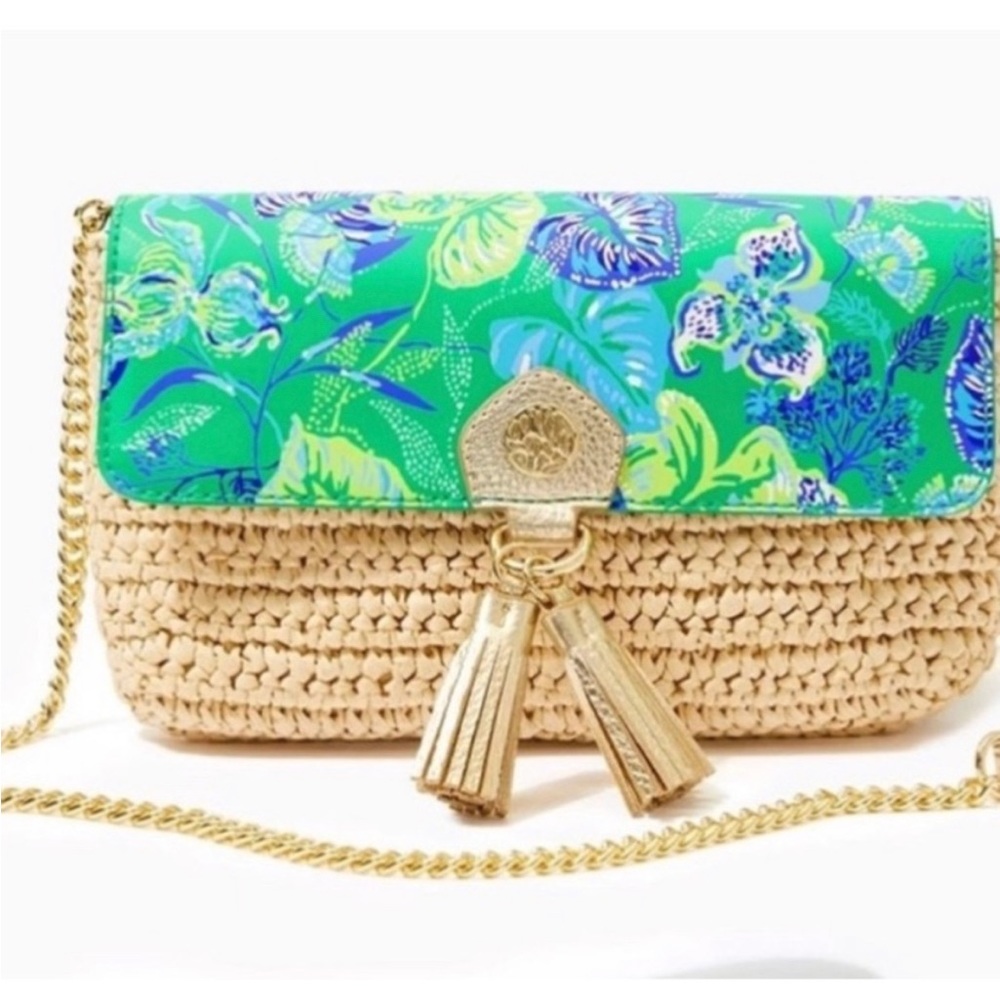 Lilly Pulitzer straw Crossbody bag with gold tassels comes with free key fob